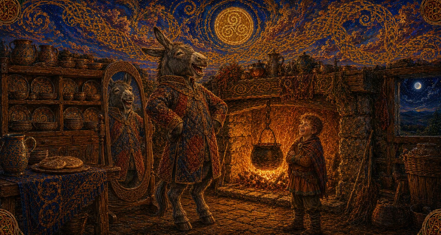 In a firelit kitchen a grey ass in a buttoned frieze coat admires himself in a looking-glass while a boy looks on.