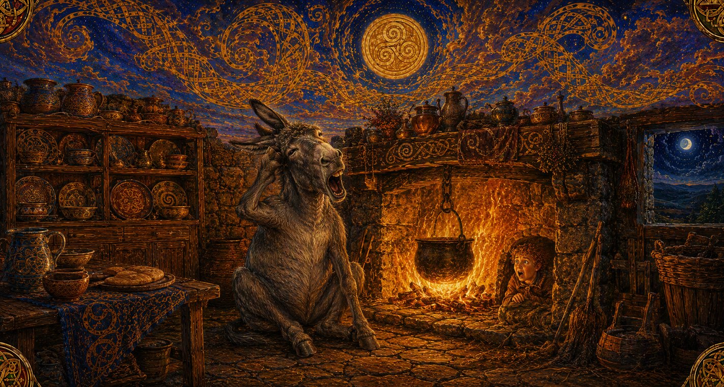 Late at night in a big kitchen a grey ass sits yawning before the fire while a small boy peeps out from the hearth.
