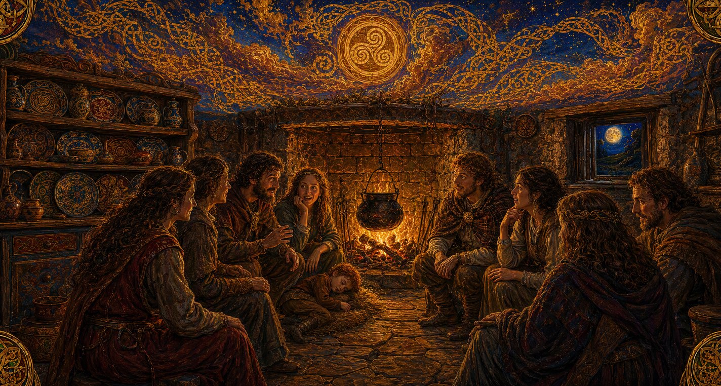 Late at night in a big kitchen servants sit close round the fire telling ghost stories while a small boy creeps into the hearth.
