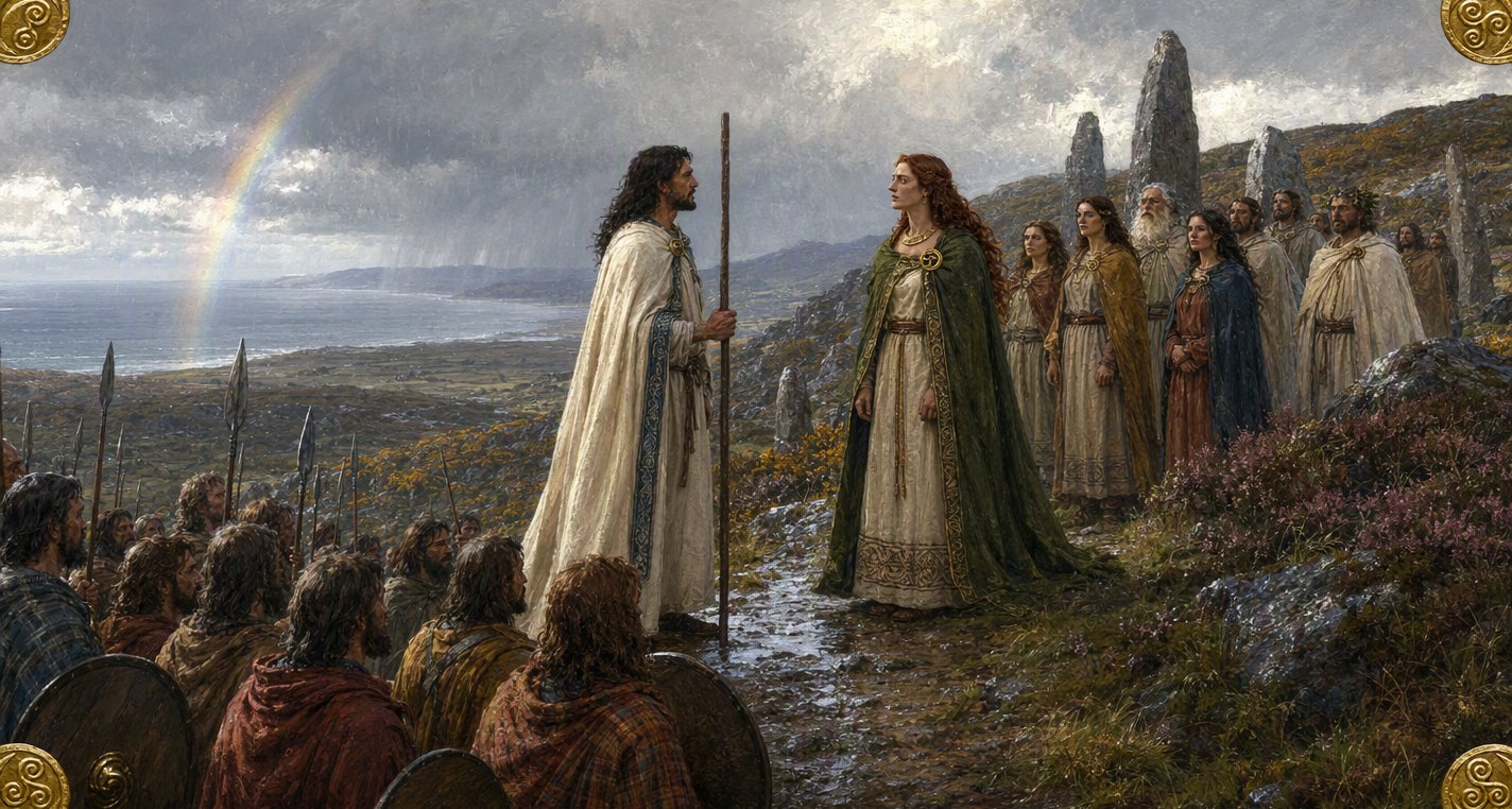 On a wet heathery mountainside under a rainbow the red-haired queen Banba, with her women and druids, bars the way as Amairgen steps forward to answer her.