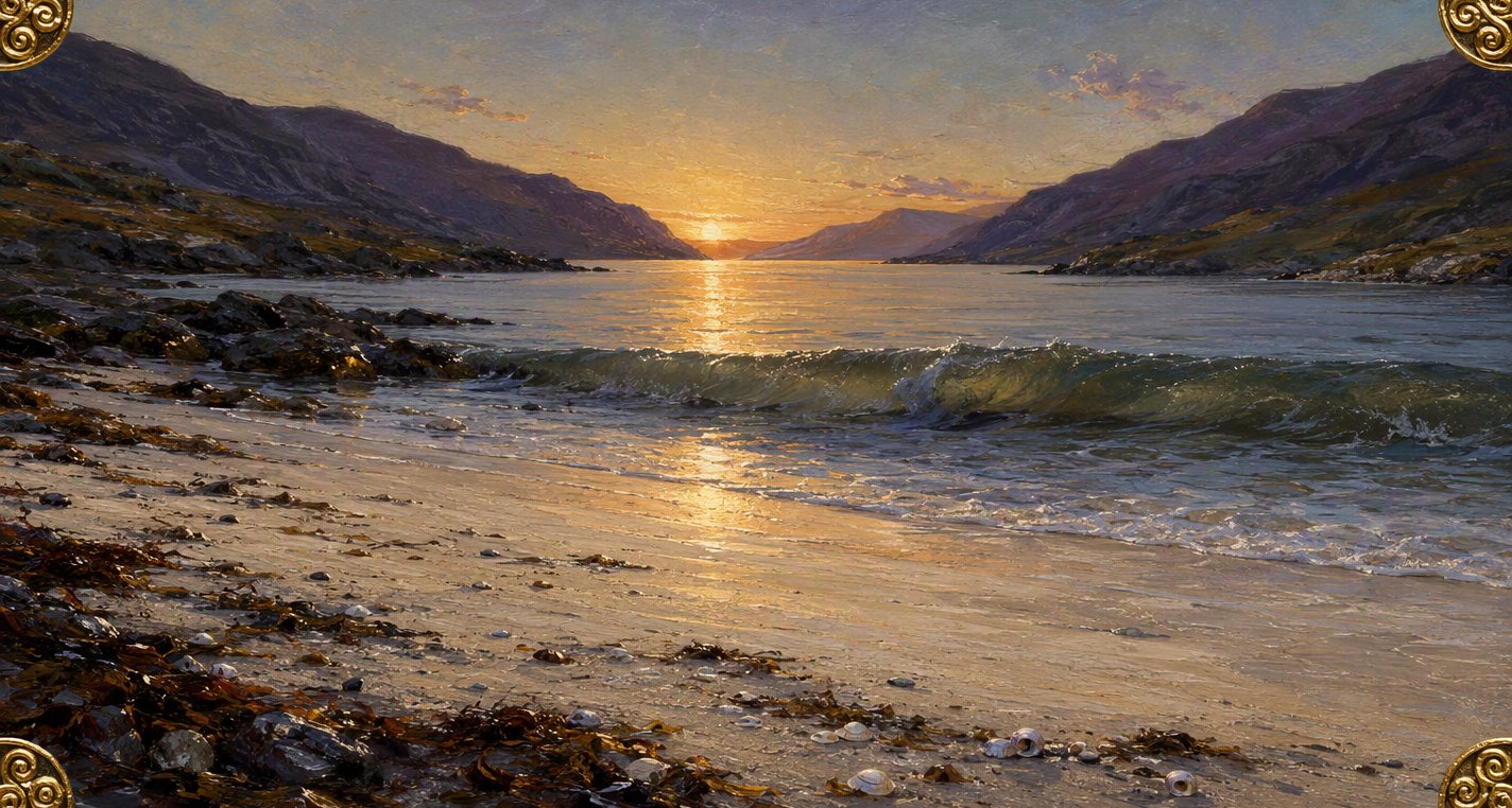 At sunset an empty strand of pale sand, shells and kelp lies by a long sea inlet between dark mountains, a gold path on the water and one larger wave about to break.