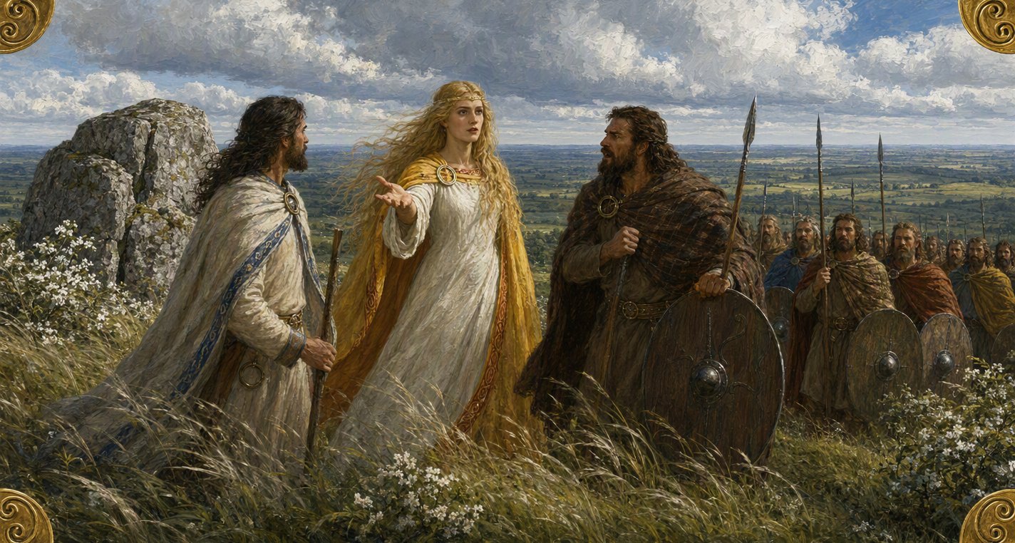 On a windy hill beside a split boulder the golden-haired queen Ériu holds out an open hand as Amairgen stands by her and scowling Donn, spear in hand, faces her.
