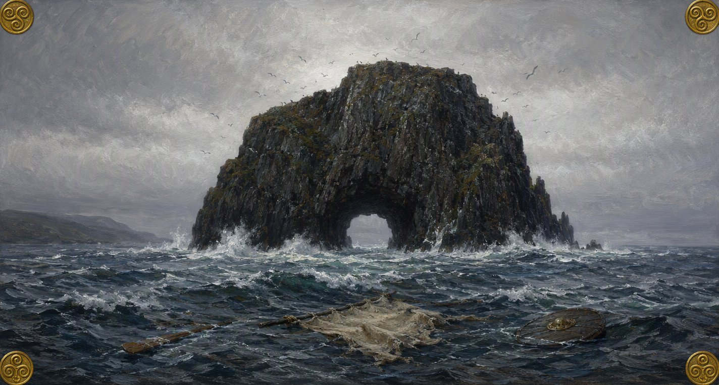 A sheer dark rock with a tunnel through it rises from a heaving grey sea under low cloud, seabirds wheeling above, an oar, a torn sail and a shield adrift in front.