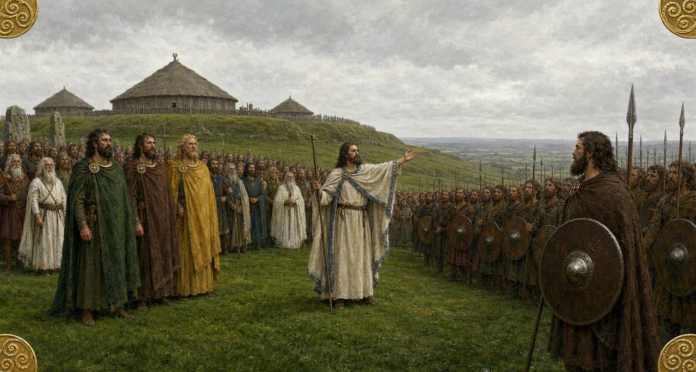 On the green below Tara's thatched halls Amairgen stands alone between the host of the three kings and the sons of Míl, one arm stretched out as he gives judgment.