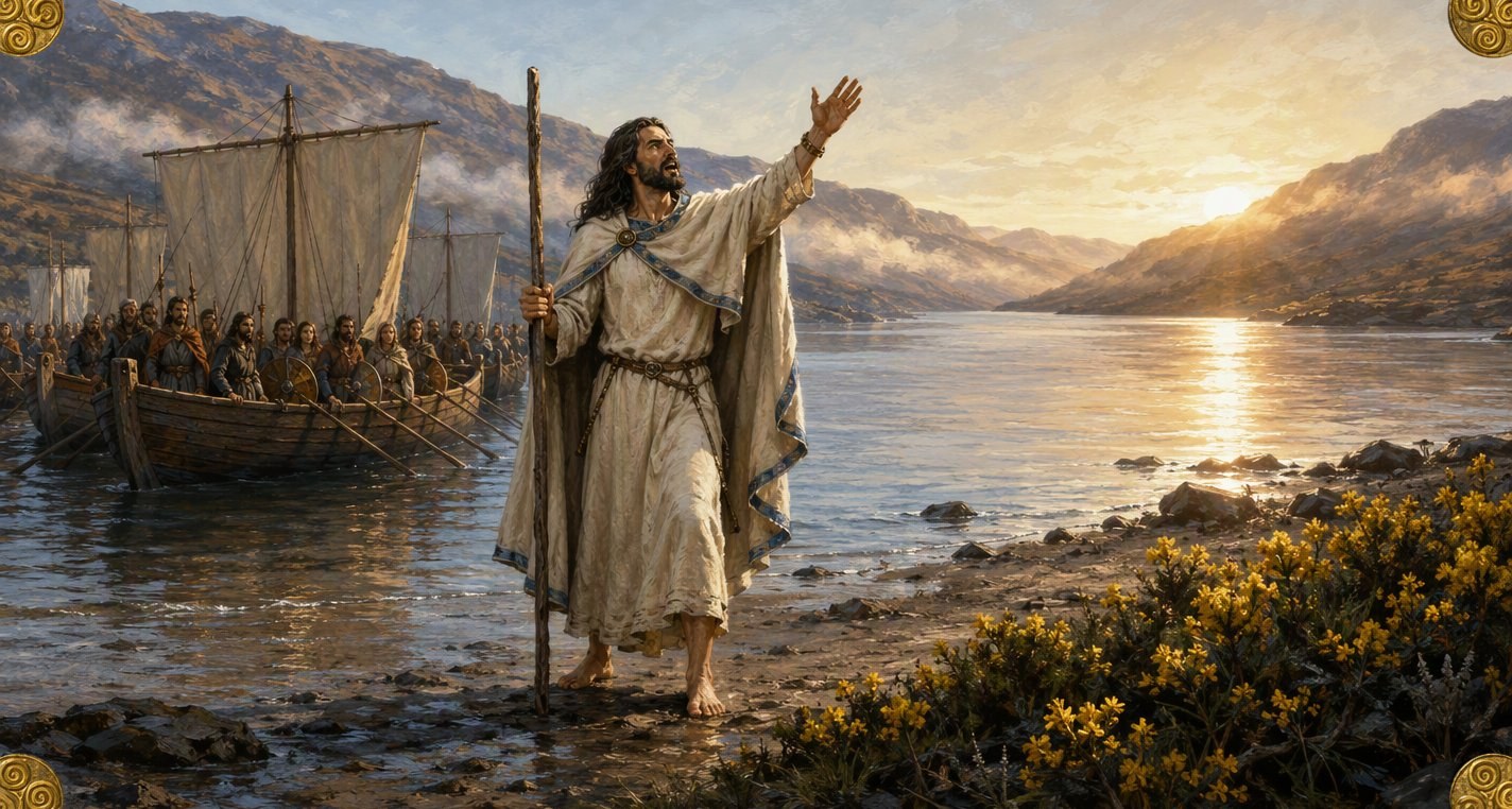 At sunrise on a calm sea inlet Amairgen steps barefoot from his ship onto the wet sand, staff in one hand and the other raised as he sings, his fleet behind him.