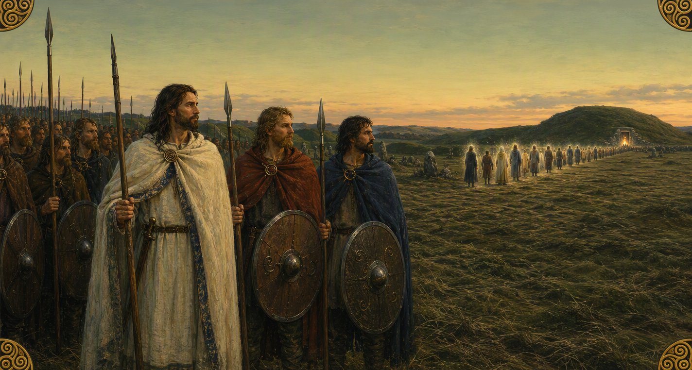 At dusk on a trampled plain Amairgen, Éber and Érimón stand at the head of their host and watch a line of glowing figures walk to a lit doorway in a green hill.