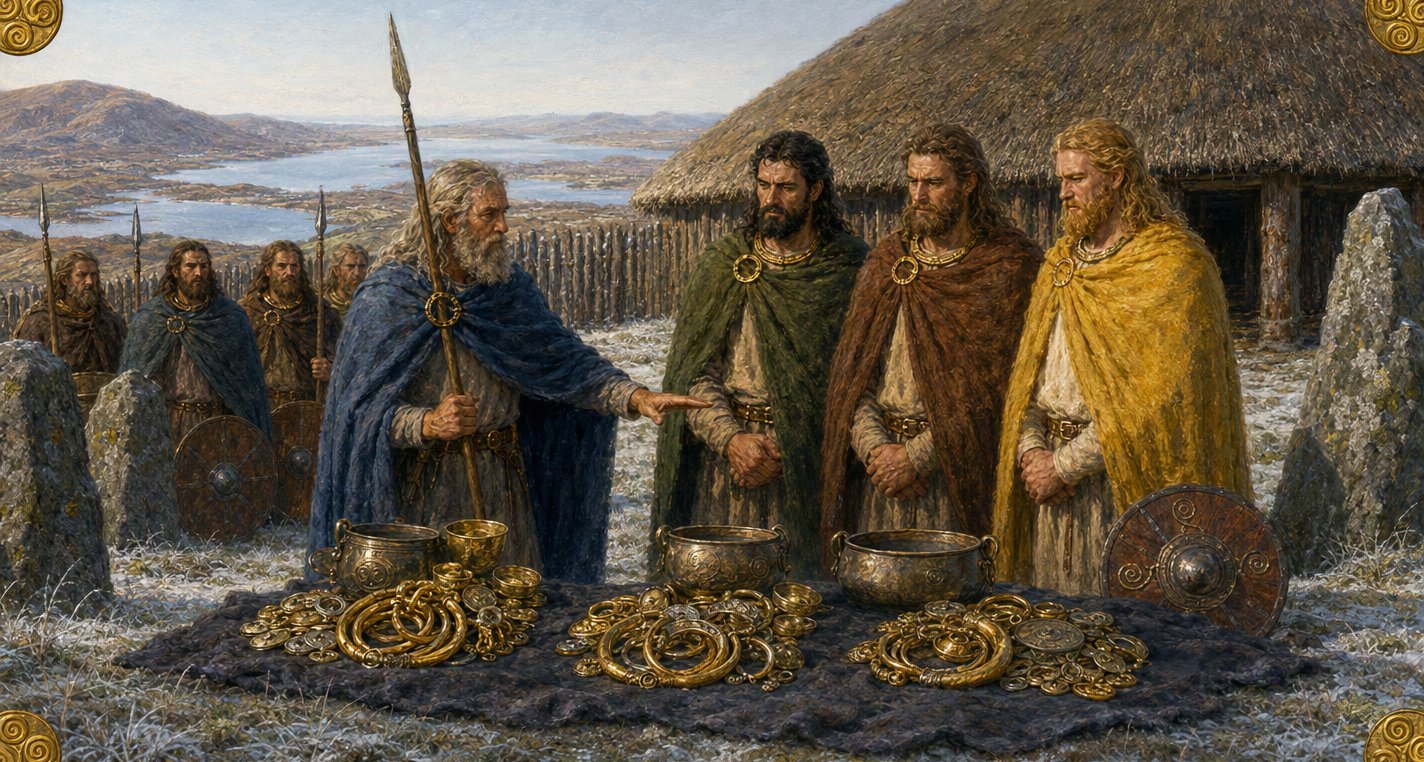 At a frosty hilltop fort the grey-bearded stranger Íth gestures toward three equal heaps of gold, while three tall kings in green, brown and yellow cloaks watch him.