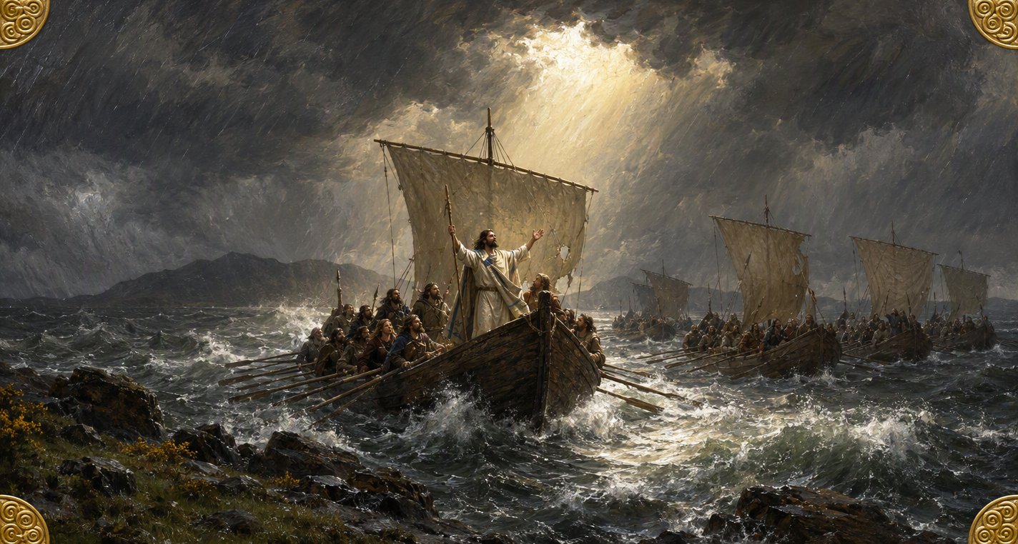 In a gale at sea Amairgen stands in the bow of a pitching ship with arms raised, as a shaft of sunlight breaks through the storm cloud onto the waves.