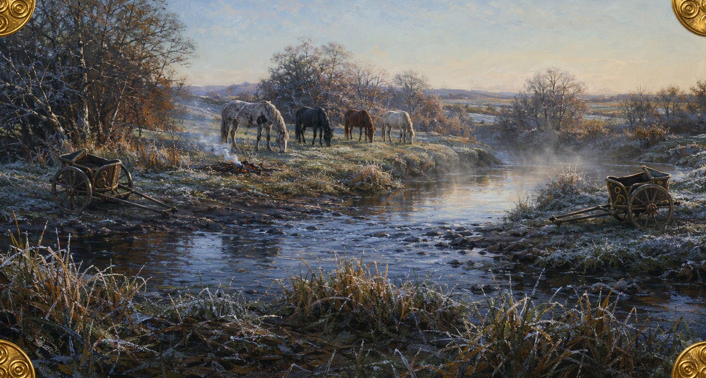 At frosty first light four horses graze beside a river ford near the last thread of smoke from a fire, an empty two-wheeled chariot on each bank and mist on the water.