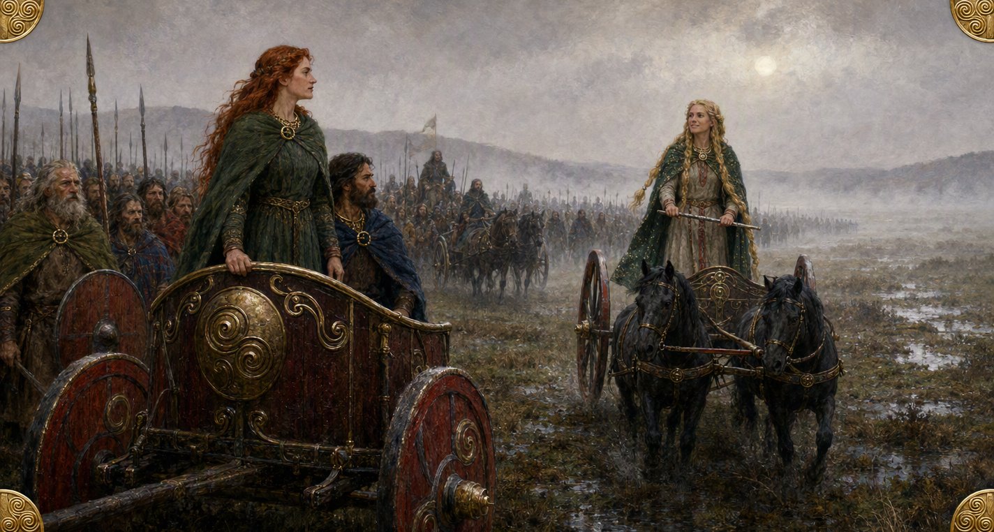 Medb stands in her red chariot as golden-plaited Fedelm the prophetess comes out of the fog in a light chariot with two black horses, the host waiting behind.