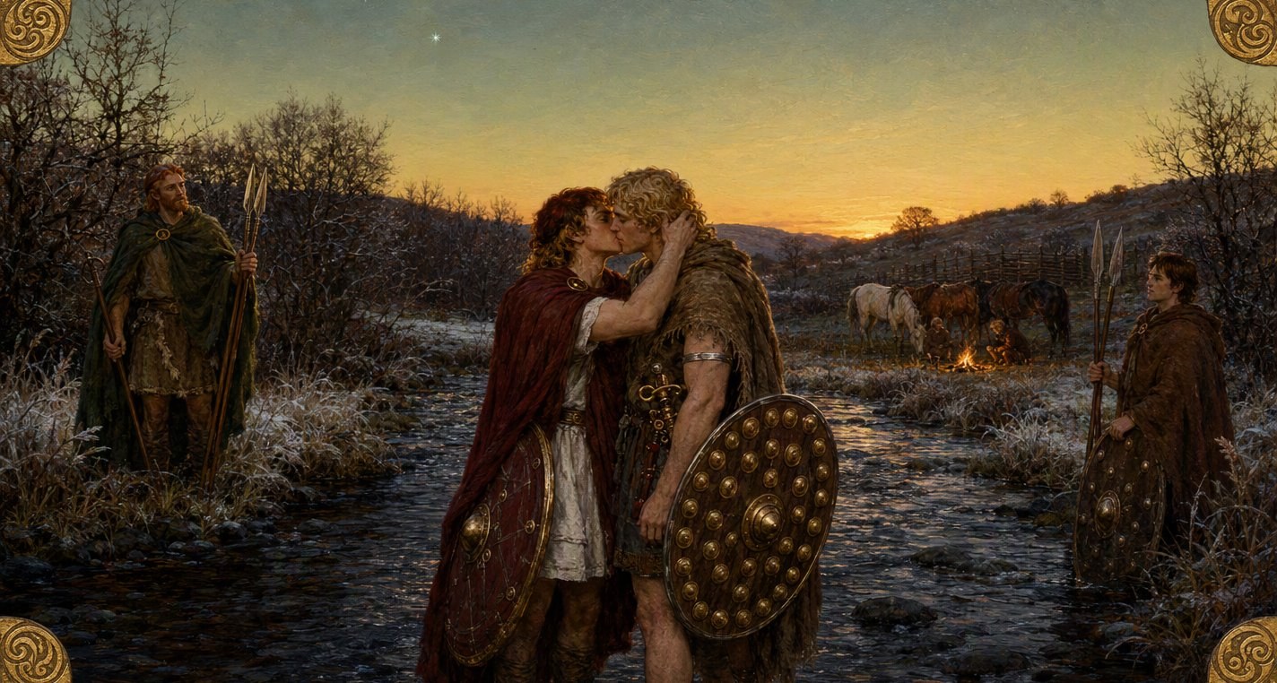 At dusk, with the first star out, Cú Chulainn and Ferdiad kiss in the ford as Láeg and Ferdiad's charioteer wait on the banks and horses graze by a small fire.