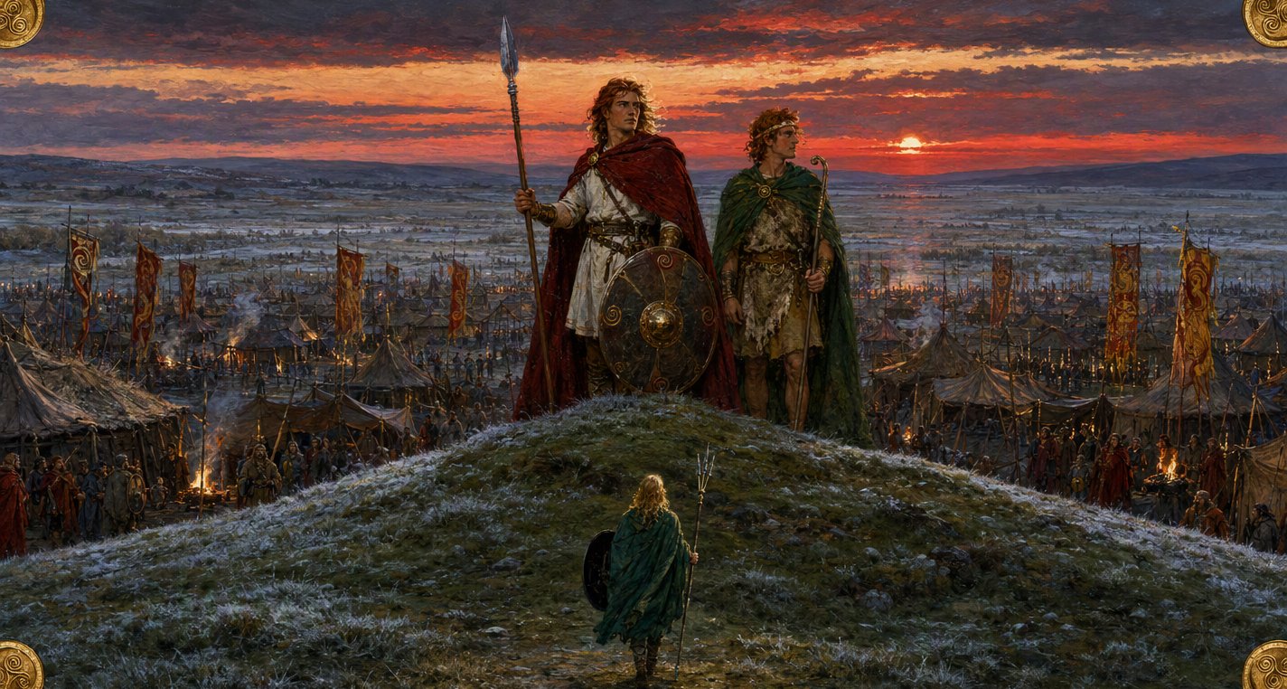 At red sunset on a frosty mound Cú Chulainn and Láeg stand above the host's camp as golden-haired Lugh, with a black shield and five-barbed spear, climbs towards them.