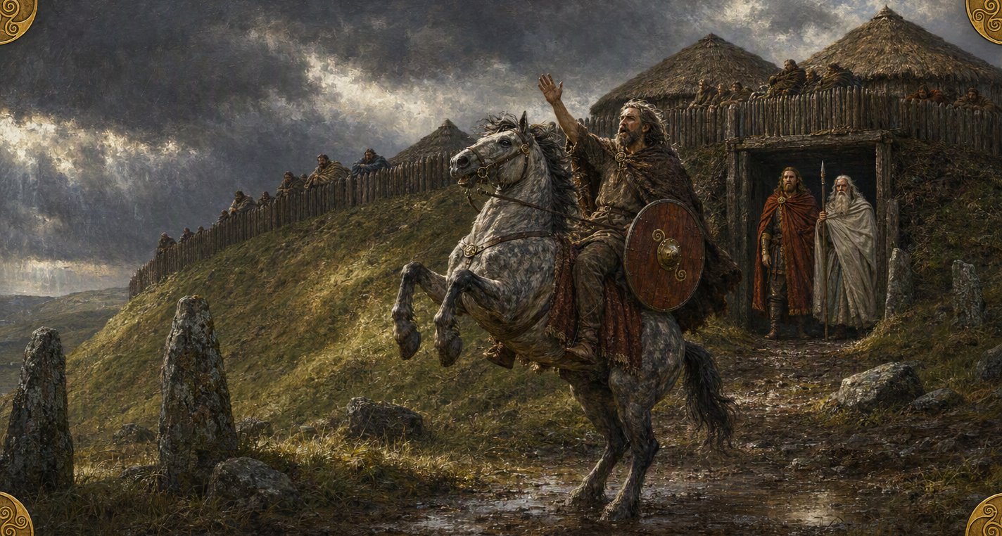 In a gale Sualtam on a rearing dapple-grey horse shouts his warning, one arm raised, below the bank of Emain Macha as Conchobar and Cathbad stand silent in the gateway.