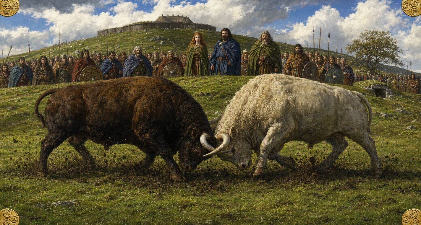 On the green plain of Mag Aí the dark Brown Bull and the white-horned Finnbennach lock horns and tear up the turf as Medb, Ailill, Fergus and a crowd of warriors watch.