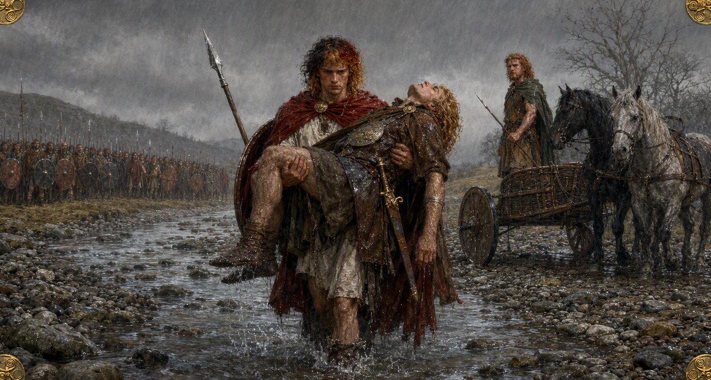 In cold rain Cú Chulainn, face set with grief, wades the stony ford carrying the dead Ferdiad while Láeg waits by the chariot and the host of Ireland stands silent.