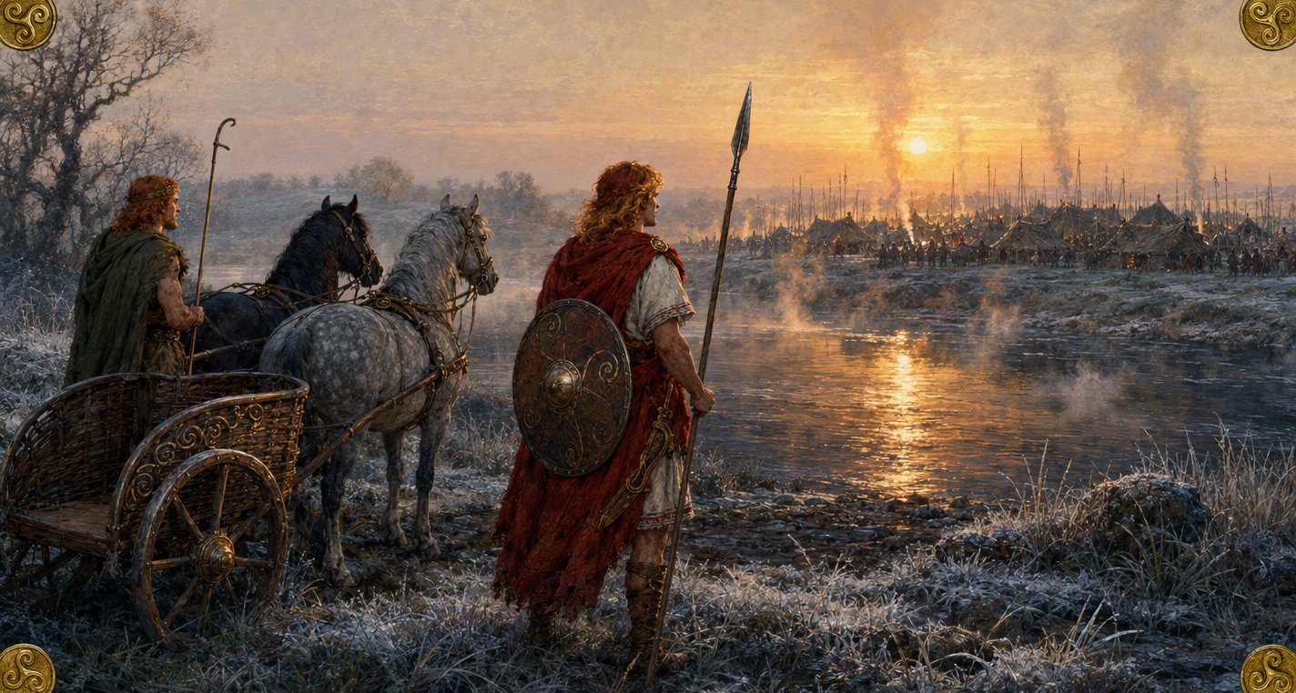At a frosty ford at sunrise Cú Chulainn stands with shield and spear, back to us, facing the smoking camp of Ireland, while Láeg waits by the chariot and two horses.