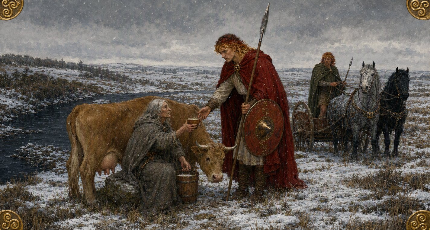 In falling snow an old woman milking a tawny cow holds a cup of milk up to Cú Chulainn while Láeg waits with the chariot and its grey and black horses by a dark river.