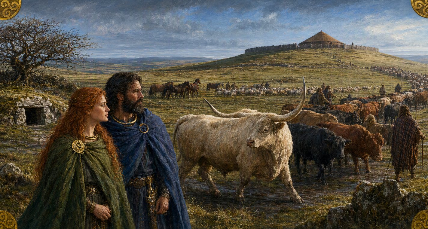 Medb in green and Ailill in blue stand together as the huge pale long-horned bull Finnbennach walks among the herds on the plain below the royal mound of Cruachan.