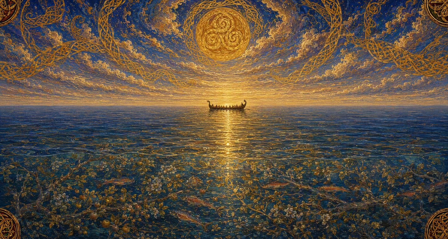 At evening a small boat rows away along a path of gold light on a calm sea, over the faint tops of a flowering wood under the water.