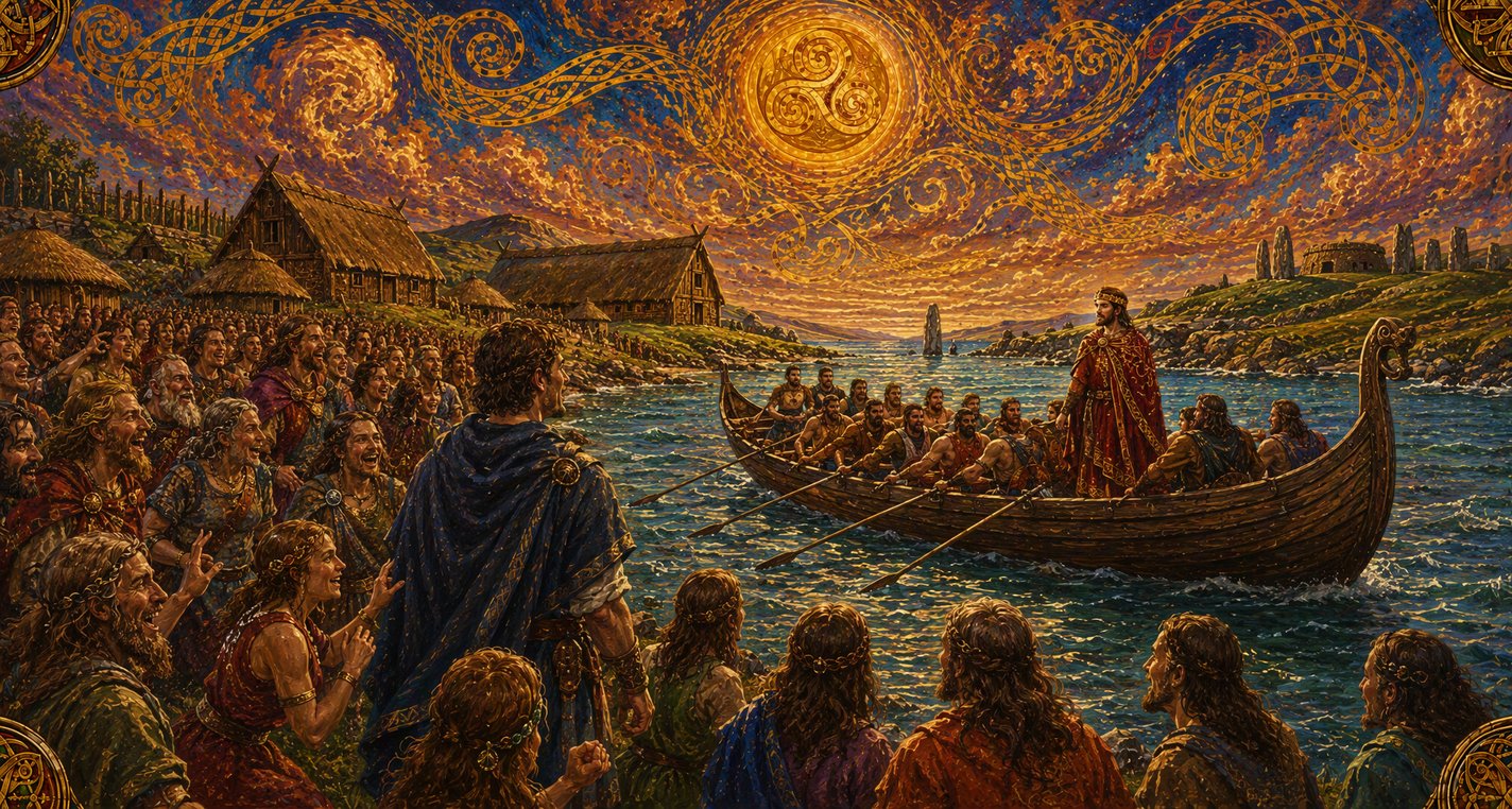 On a green island a crowd of people gape and laugh at a boat rowing slowly past.