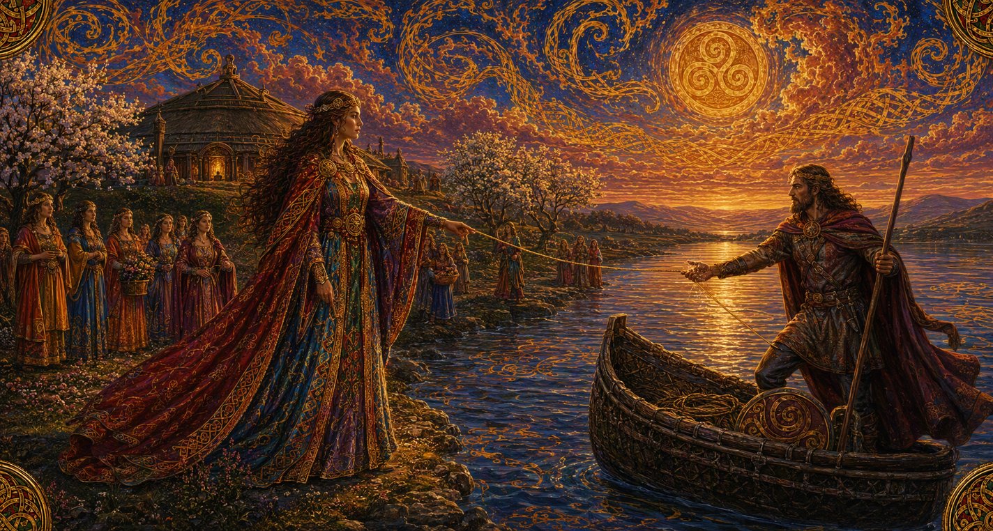 At the harbour of a shining land a woman draws a boat to shore by a thread that clings to the hand of the man in its bow.