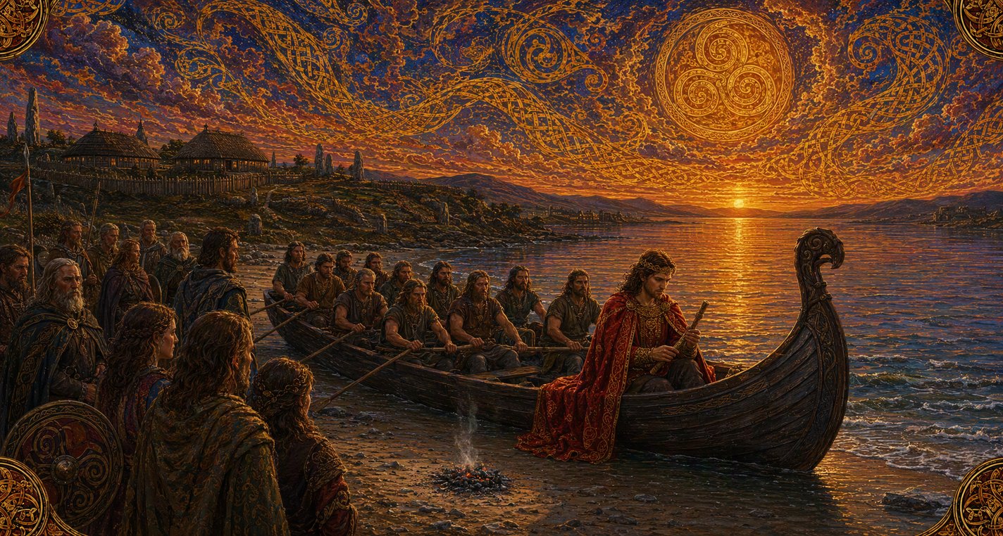 At dusk people gather on a strand as a boat of rowers waits offshore, and a man in the bow cuts ogham on wands.