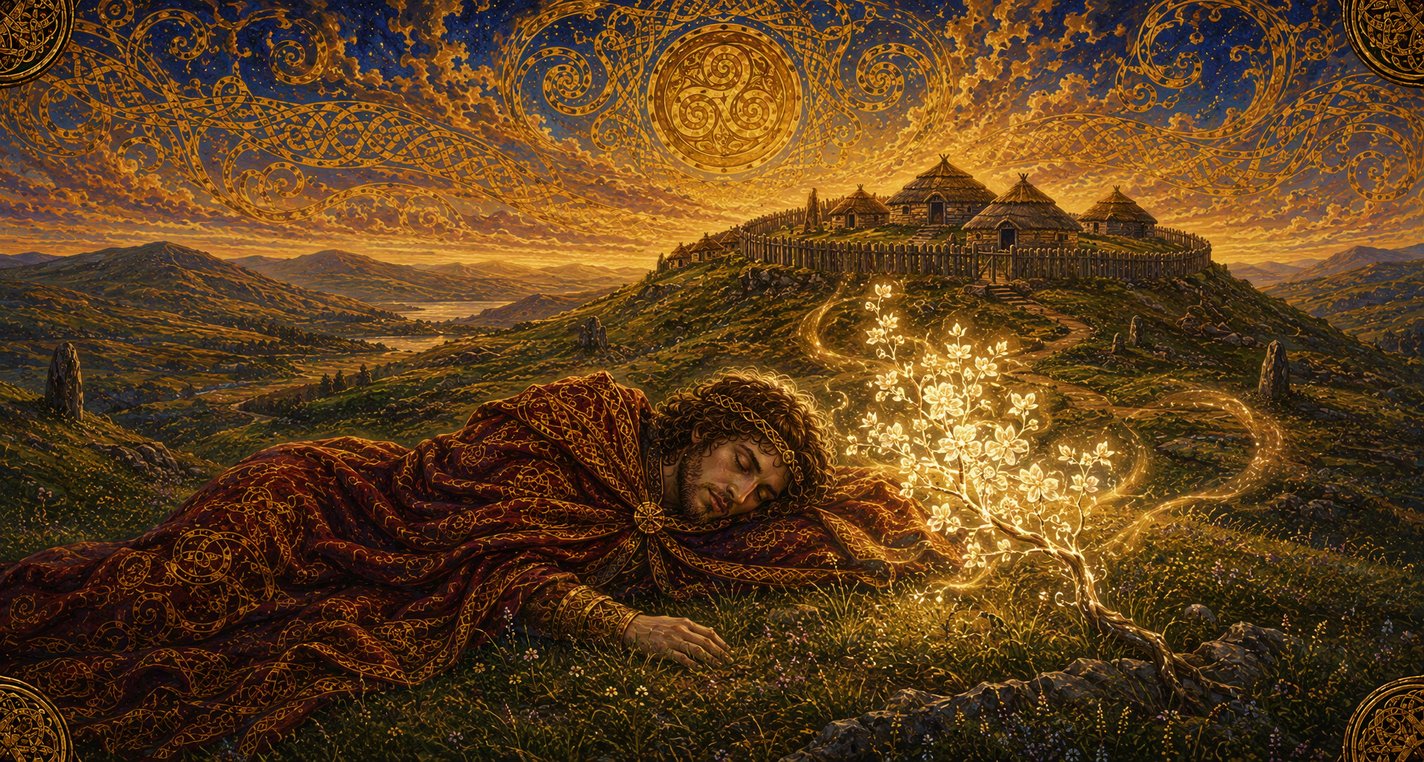 Near a ring-fort a young king lies asleep on the grass beside a glowing branch of silver in white blossom.