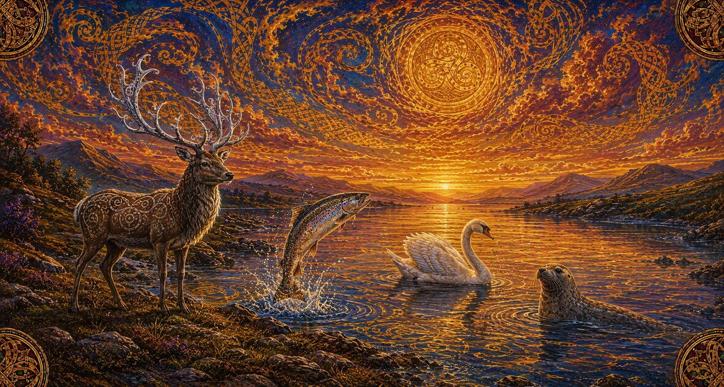 At dawn by a river a stag with silver antlers stands on the bank, a salmon leaps and a white swan and a seal are in the water.
