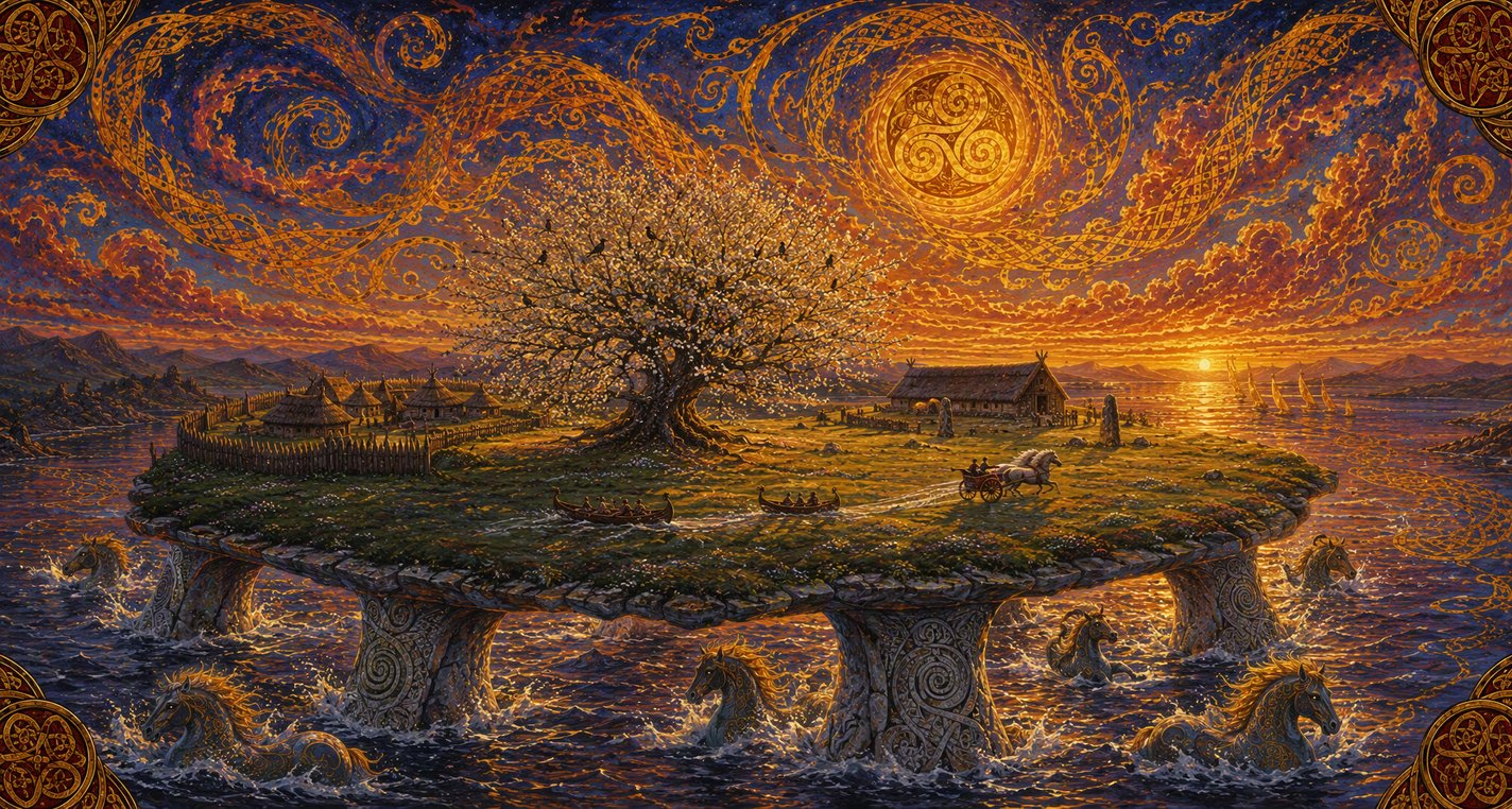 An island in a shining sea stands on four legs of white bronze, where a boat races a chariot and an old tree blossoms full of birds.