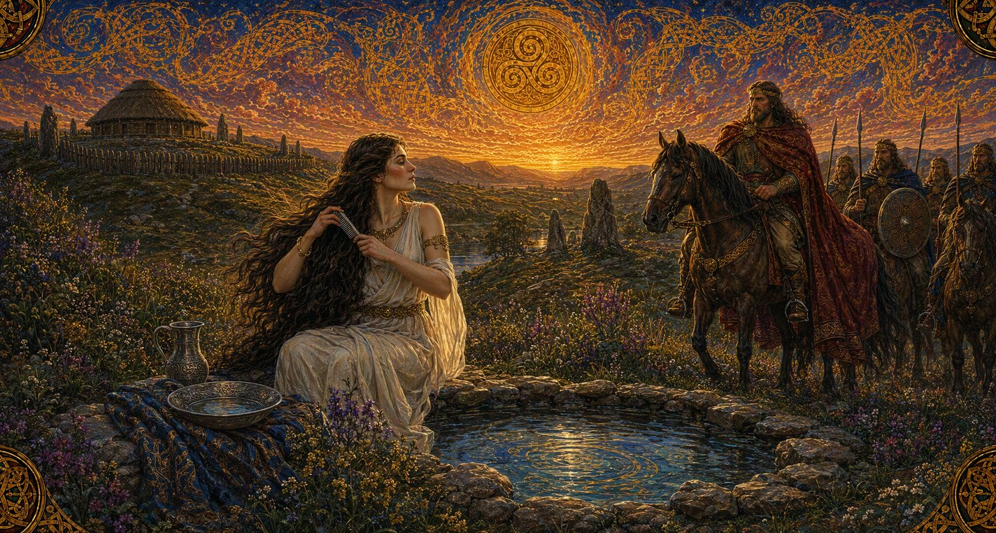 By a stone-rimmed spring a young woman loosens her long hair over a silver basin as a king on horseback halts to look at her.