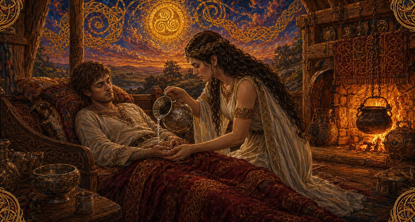 In a timber hall at dusk a sick young man lies by the fire while a queen pours water over his hands.