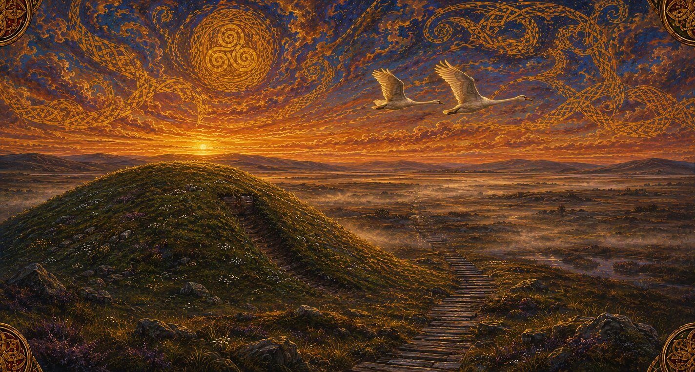 At evening an old grassed-over cut scars the side of a great green mound, a log road runs away across the bog below, and two white swans fly south.