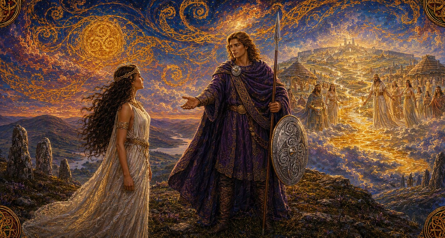On a hilltop in pale light a shining golden-haired stranger in purple reaches out to a queen with long hair.