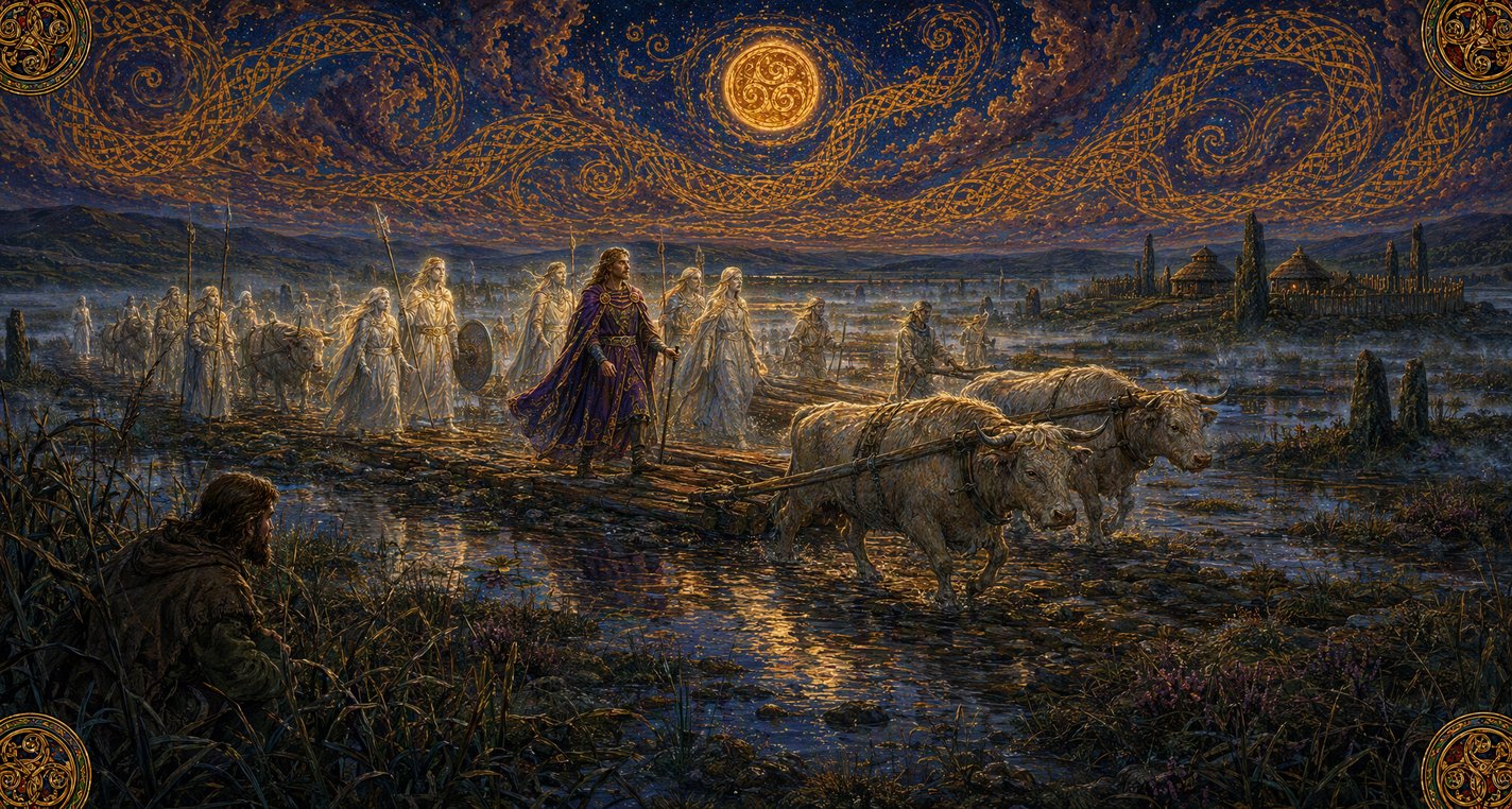 Under the moon a host of shining figures and oxen lay a road across a bog while a man watches from the reeds.