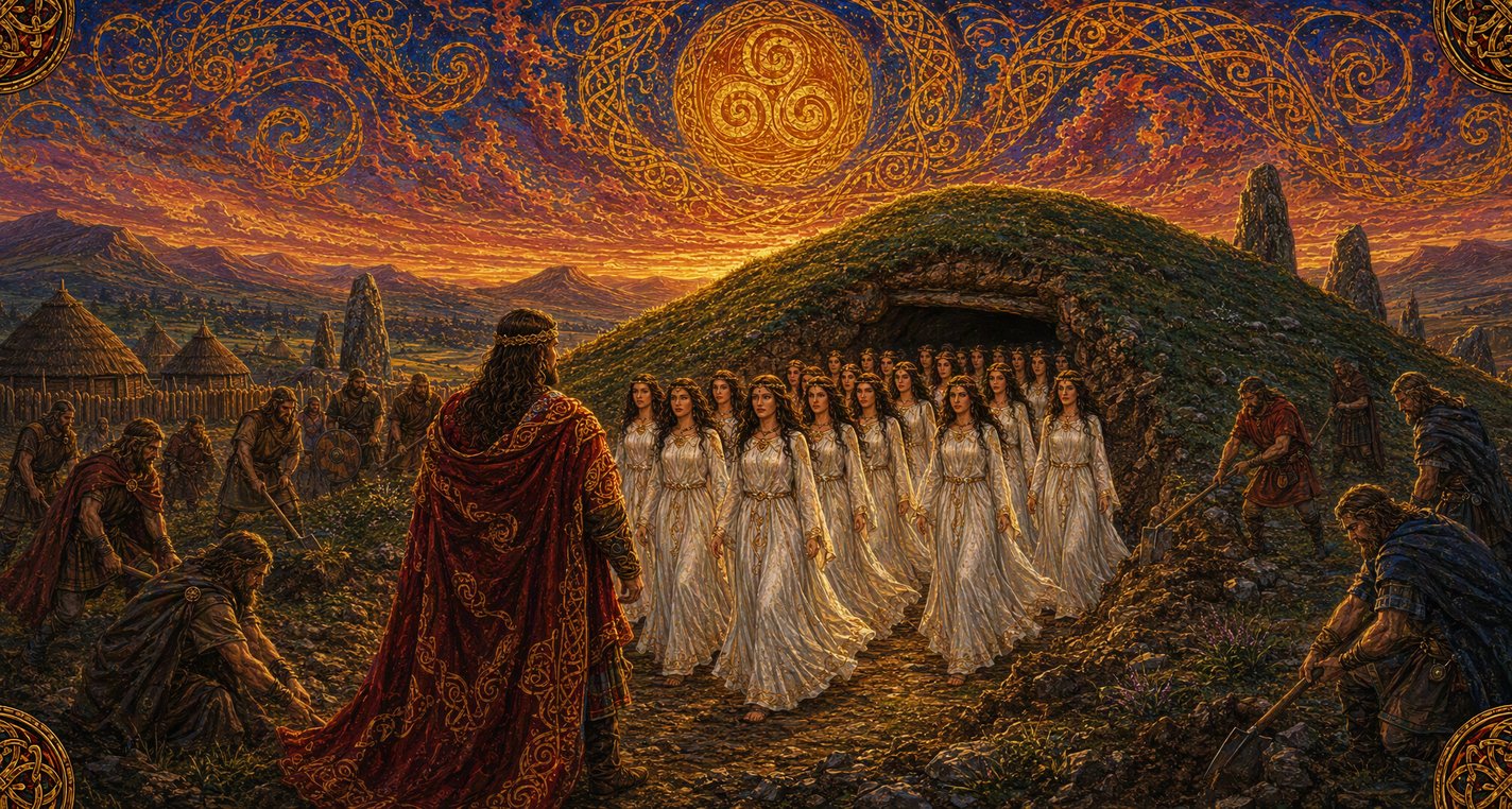 At dusk men dig into a great mound as sixty women who all look alike come out of an opening in the hill.