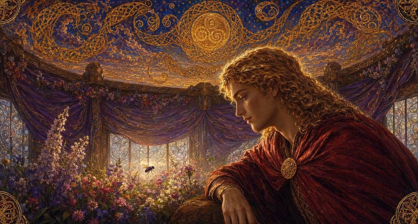 In a sun-bower of clear crystal full of flowers a shining purple fly hovers while a golden-haired young god watches over it.