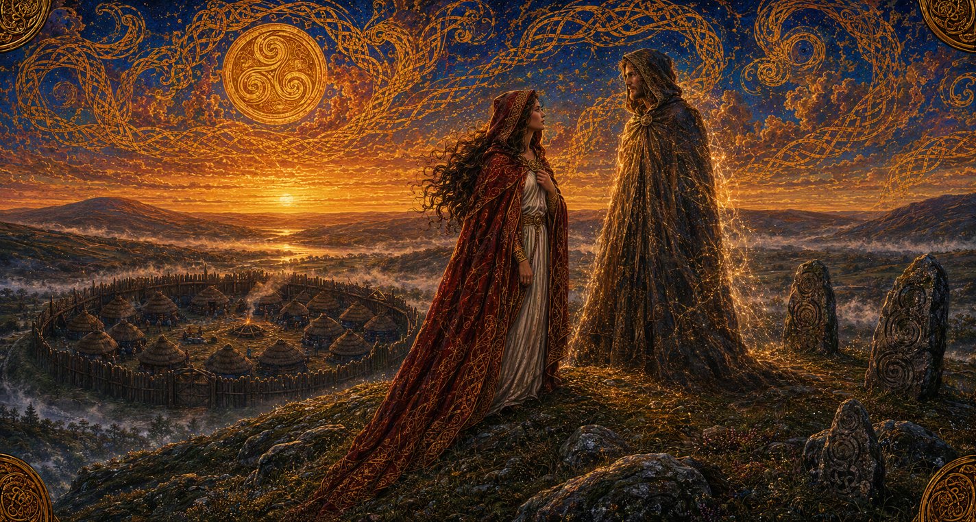 At first light on a hill above a ring-fort a queen meets a cloaked stranger with a faint shimmer about him.