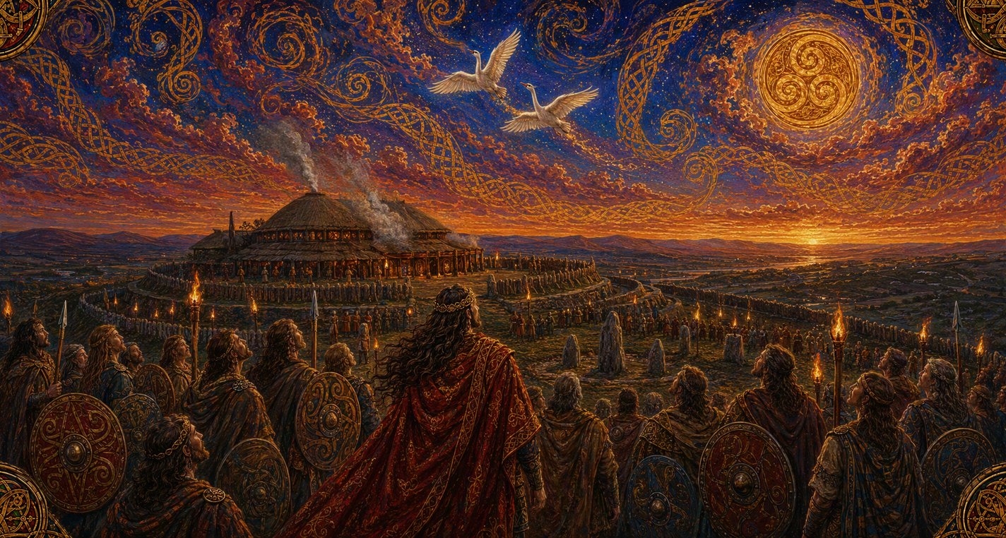 At dusk two white swans rise above the great hall of Tara as rings of warriors stare up at them.